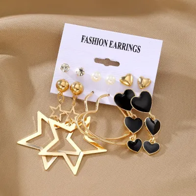 6 Pairs Geometric Star Love Circle Drop Earrings Set